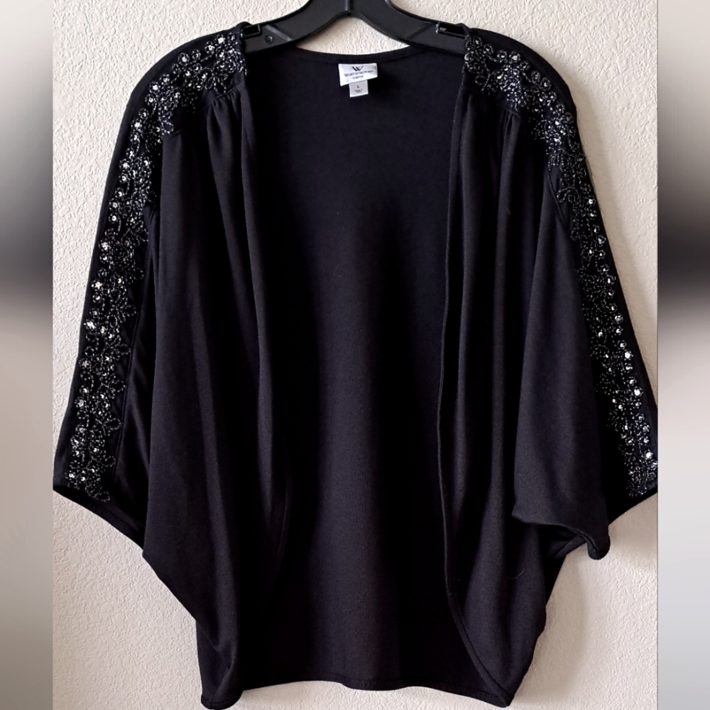 Worthington black wrap, sequin and beaded sleeves,  size L